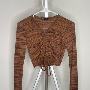 Zara Textured Brown Long Sleeve Blouse